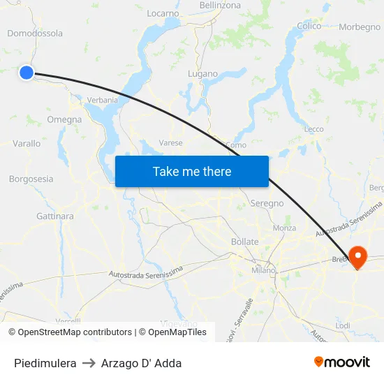 Piedimulera to Arzago D' Adda map