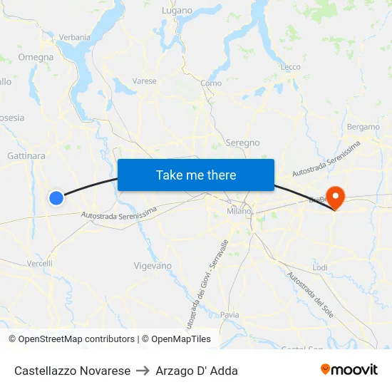 Castellazzo Novarese to Arzago D' Adda map