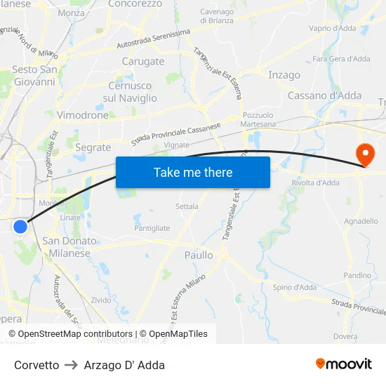Corvetto to Arzago d'Adda map