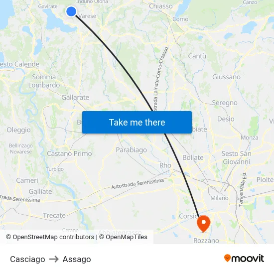 Casciago to Assago map