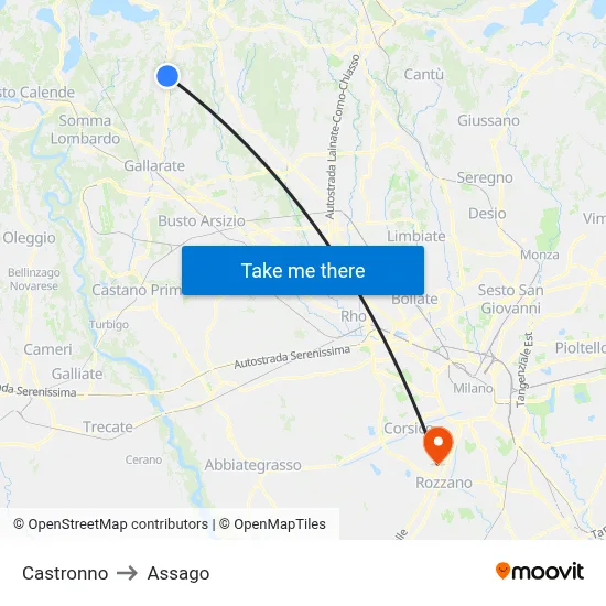 Castronno to Assago map