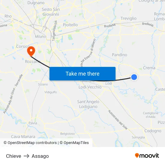 Chieve to Assago map