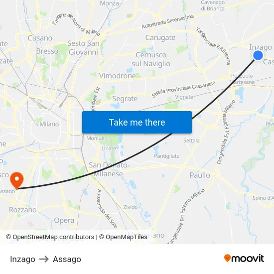 Inzago to Assago map