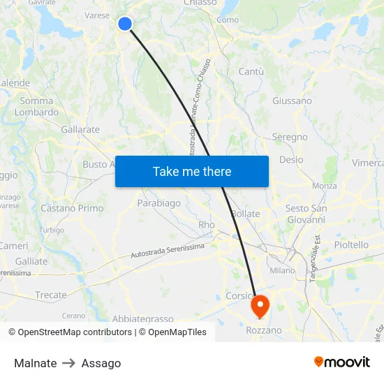Malnate to Assago map