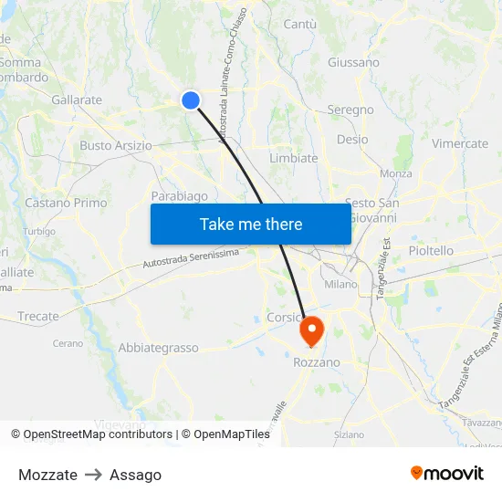 Mozzate to Assago map