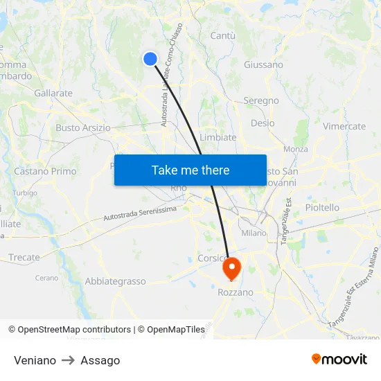 Veniano to Assago map