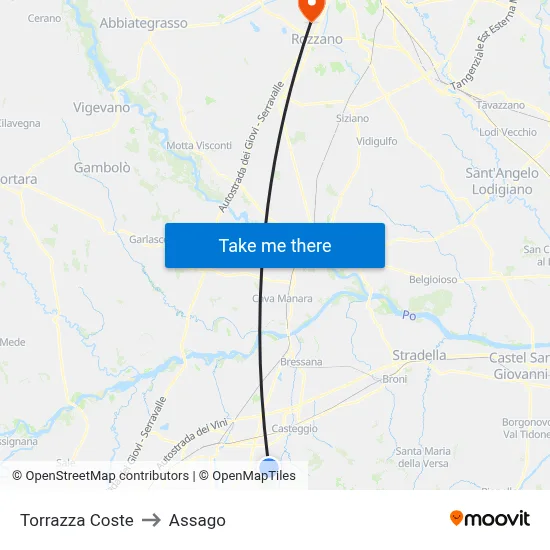 Torrazza Coste to Assago map