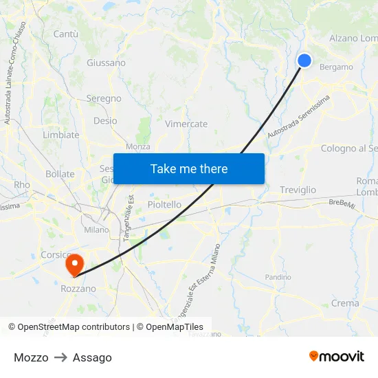 Mozzo to Assago map