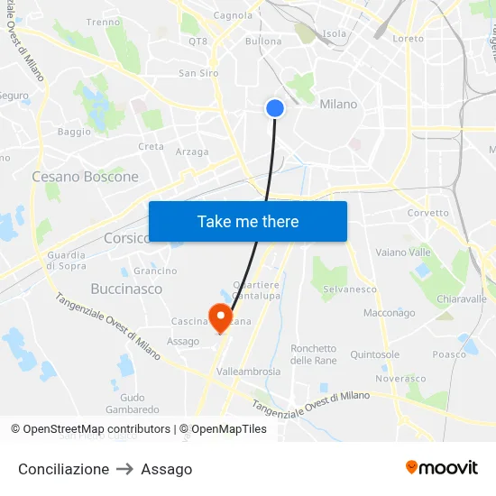 Conciliazione to Assago map