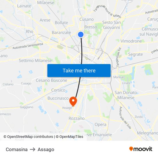 Comasina to Assago map