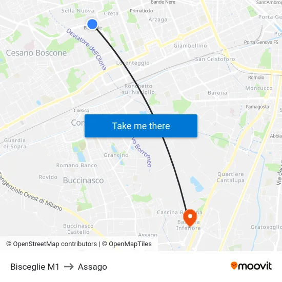 Bisceglie M1 to Assago map
