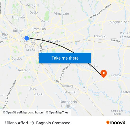 Milano Affori to Bagnolo Cremasco map