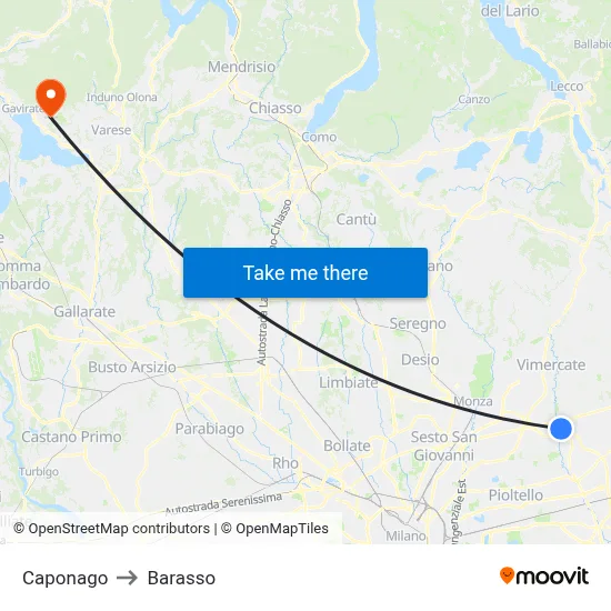 Caponago to Barasso map