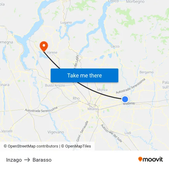 Inzago to Barasso map