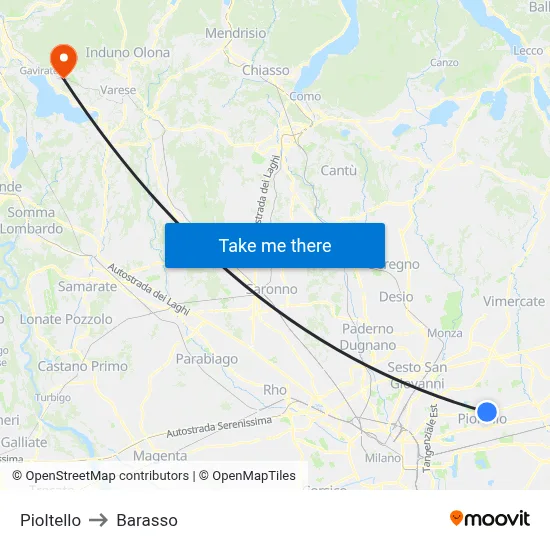 Pioltello to Barasso map