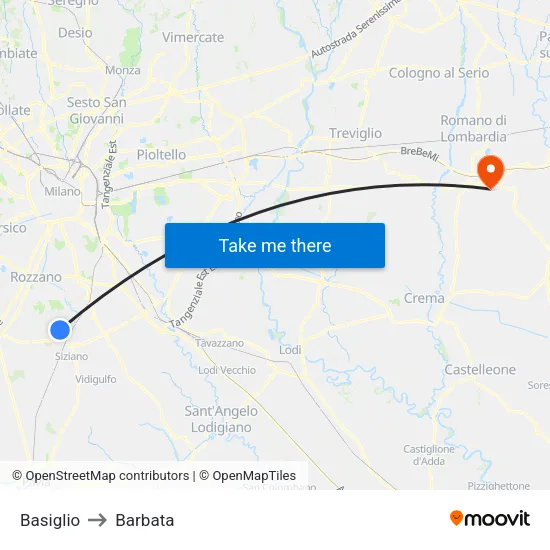 Basiglio to Barbata map