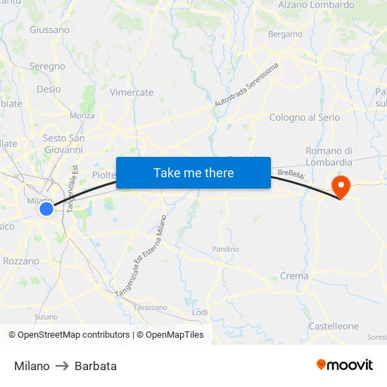 Milano to Barbata map