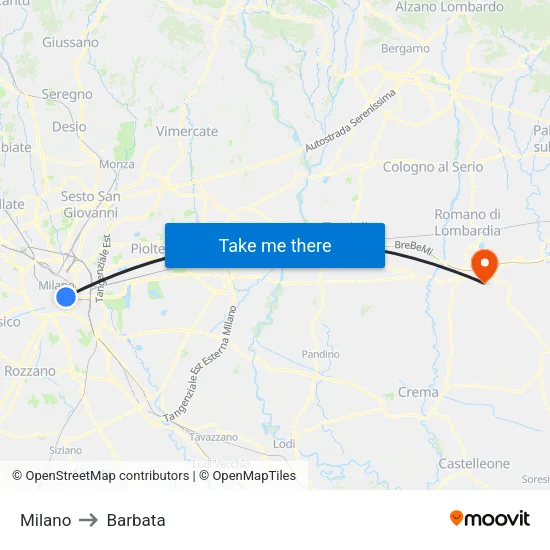Milan to Barbata map