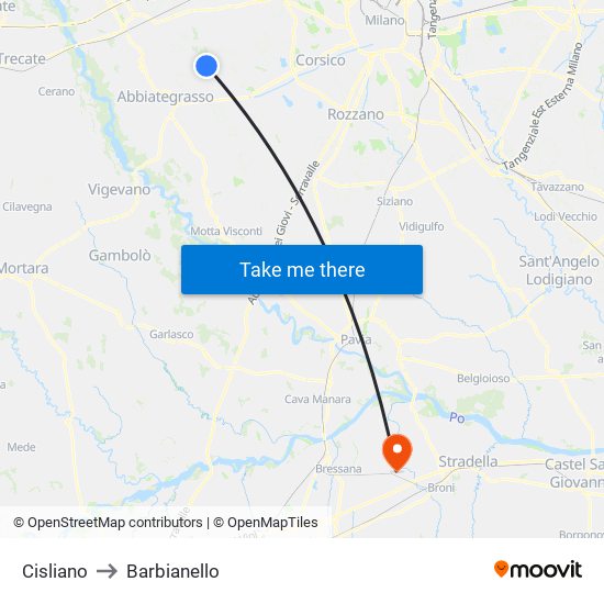 Cisliano to Barbianello map