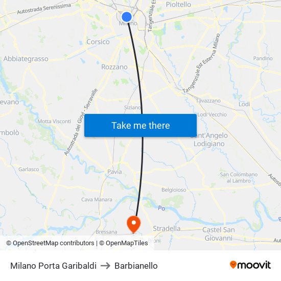 Milano Porta Garibaldi to Barbianello map