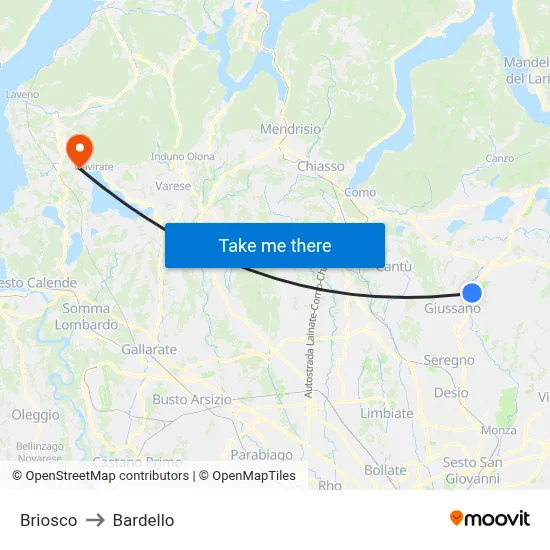 Briosco to Bardello map