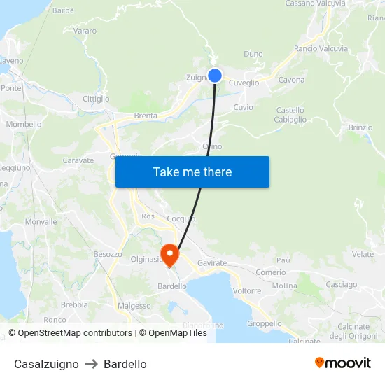 Casalzuigno to Bardello map