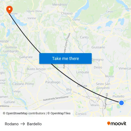 Rodano to Bardello map