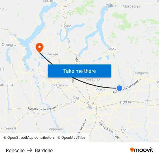 Roncello to Bardello map