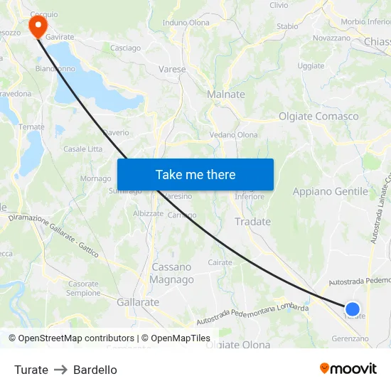 Turate to Bardello map