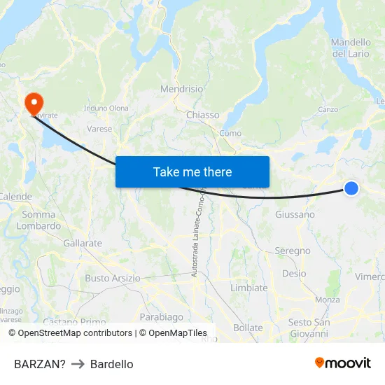 Barzan to Bardello map