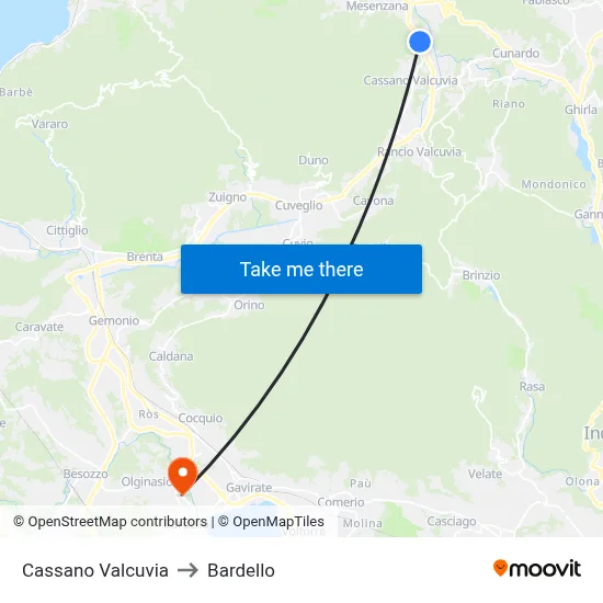 Cassano Valcuvia to Bardello map