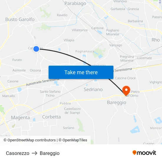 Casorezzo to Bareggio map