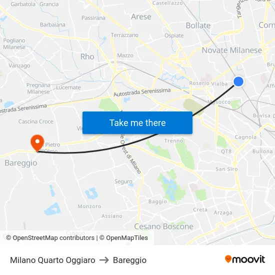 Milano Quarto Oggiaro to Bareggio map