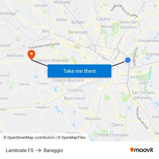 Lambrate FS to Bareggio map