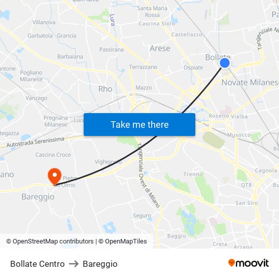 Bollate Centro to Bareggio map