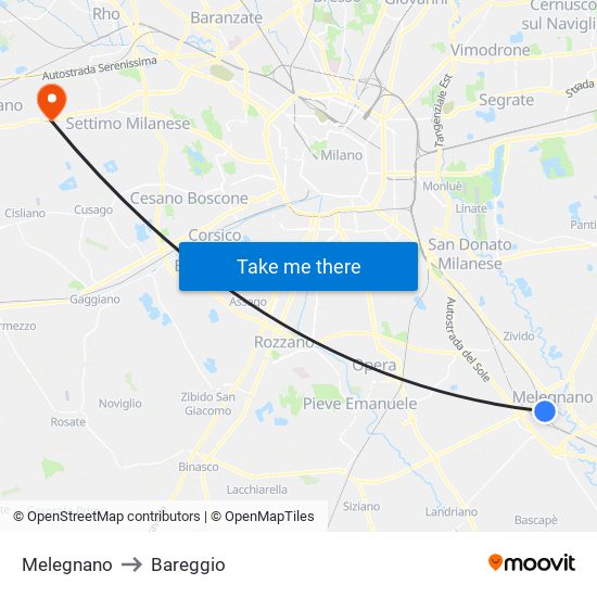 Melegnano to Bareggio map