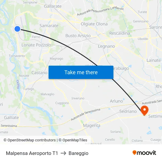 Malpensa Aeroporto T1 to Bareggio map