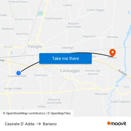 Casirate d'Adda to Bariano map