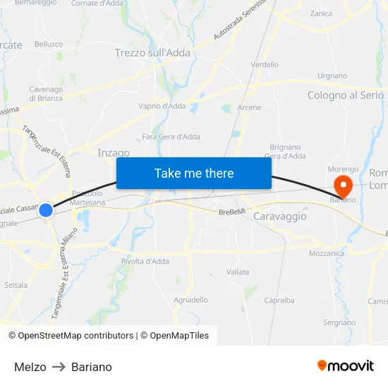 Melzo to Bariano map
