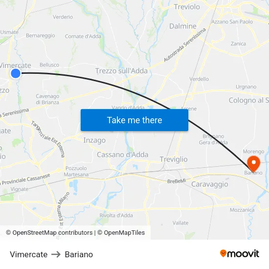 Vimercate to Bariano map