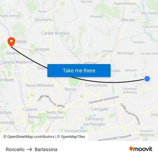 Roncello to Barlassina map