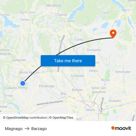 Magnago to Barzago map