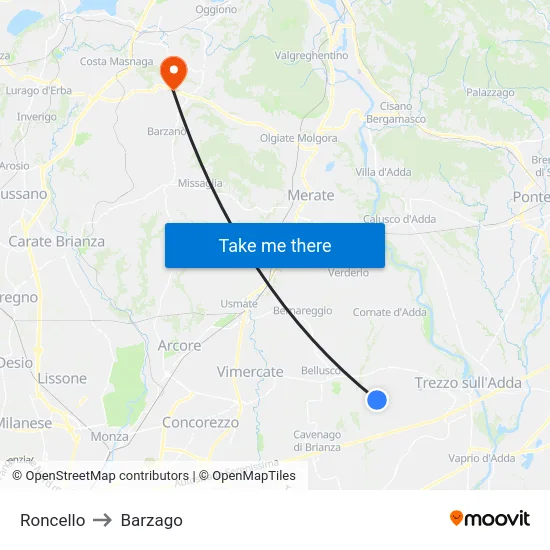 Roncello to Barzago map