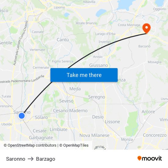 Saronno to Barzago map