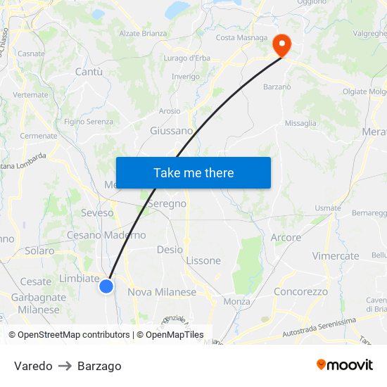 Varedo to Barzago map