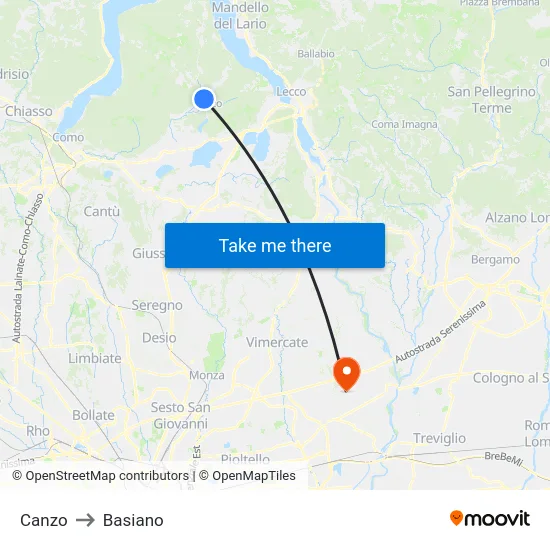 Canzo to Basiano map