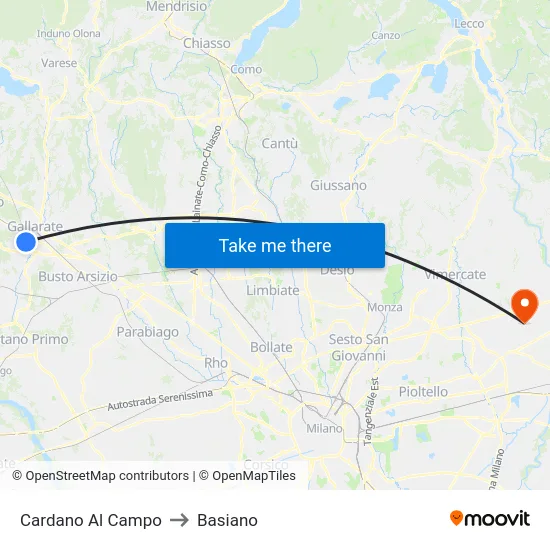 Cardano al Campo to Basiano map