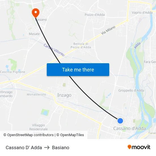 Cassano D' Adda to Basiano map