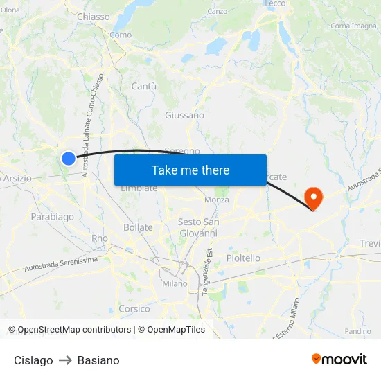Cislago to Basiano map