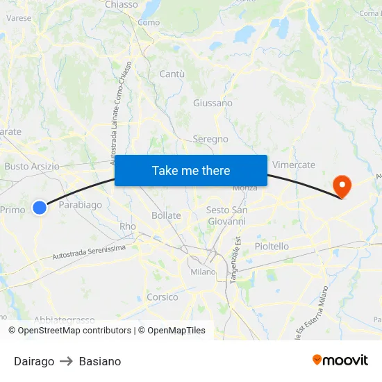 Dairago to Basiano map